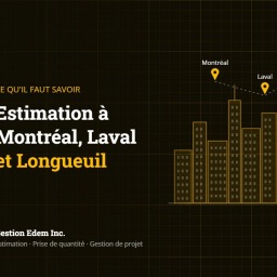 Silhouette de ville avec repères Montréal, Laval et Longueuil : estimation de construction