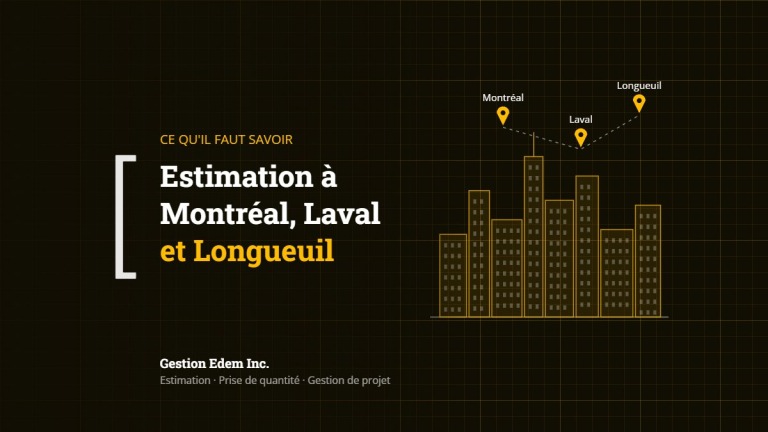Silhouette de ville avec repères Montréal, Laval et Longueuil : estimation de construction